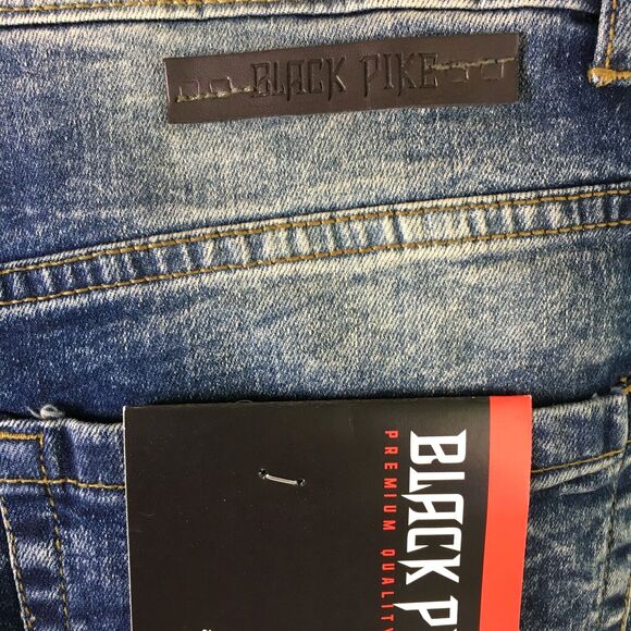 NWT BLACK PIKE LEGEND Embroidered Distressed Biker Stretch Slim Denim Jean 30X32 - Picture 10 of 13